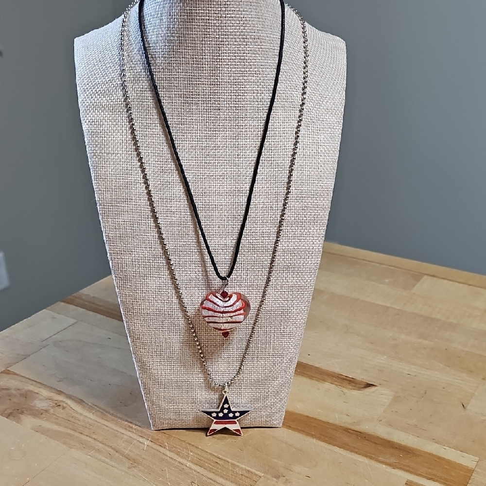 🇺🇸 Patriotic Duo: Murano Style Heart & Star Necklace Set ⭐️